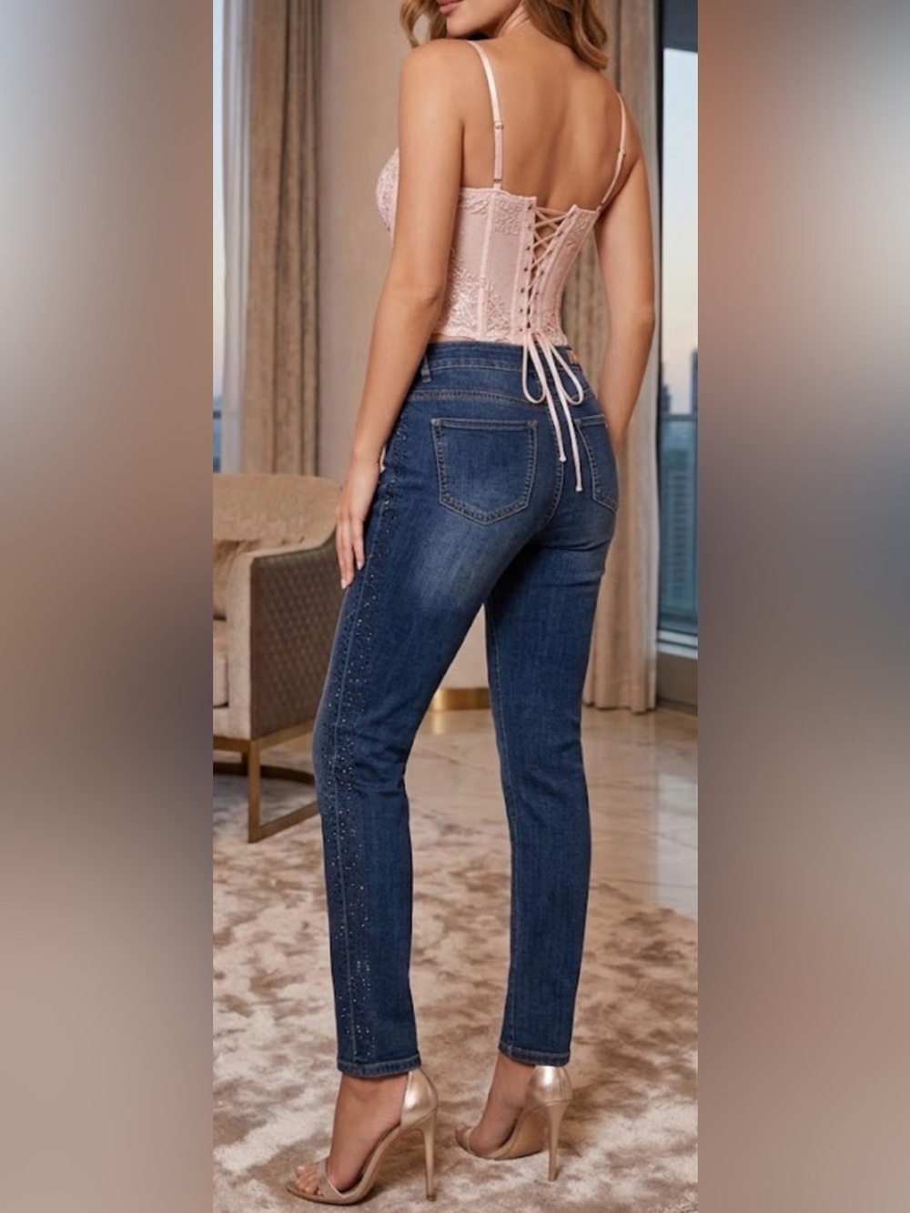 Frank Lyman Design Dark Blue Skinny Jeans with Side Embellishment